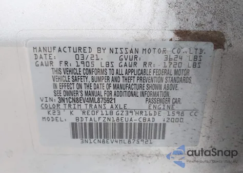 2021 Nissan Versa Sv Xtronic Cvt from USA, damaged, VIN 3N1CN8EV4ML875921